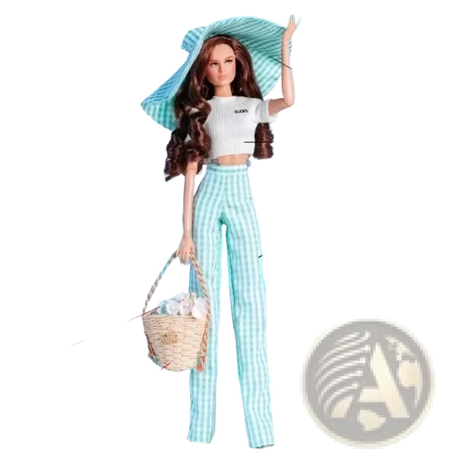 A 1/6 scale doll fashion set featuring a barbie doll in light blue and white striped woven basket accessories