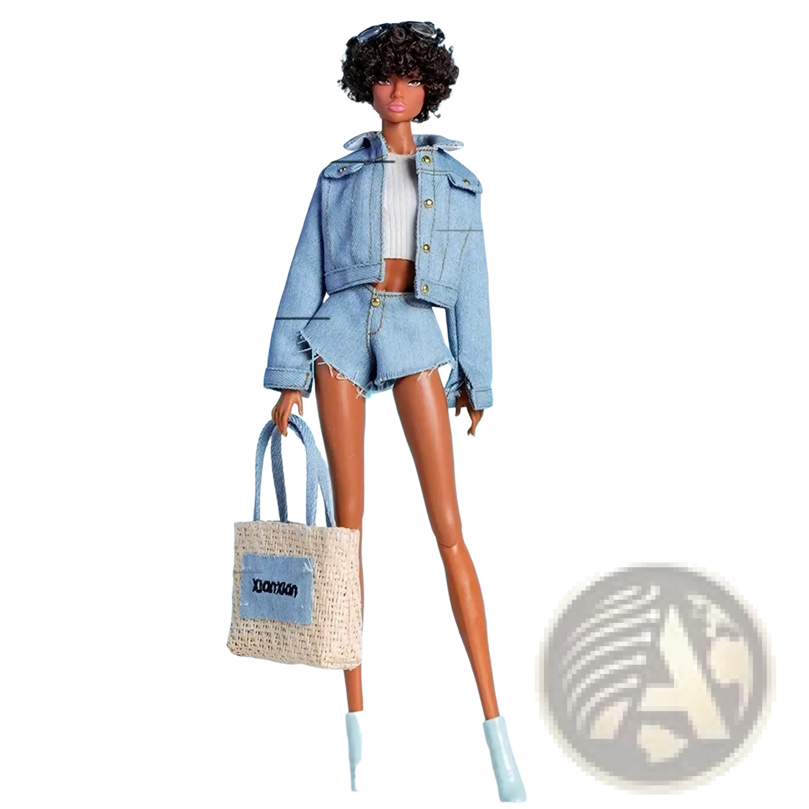 Light blue denim jacket with gold-tone buttons and frayed hem for 1/6 scale doll fashion clothes and accessories set