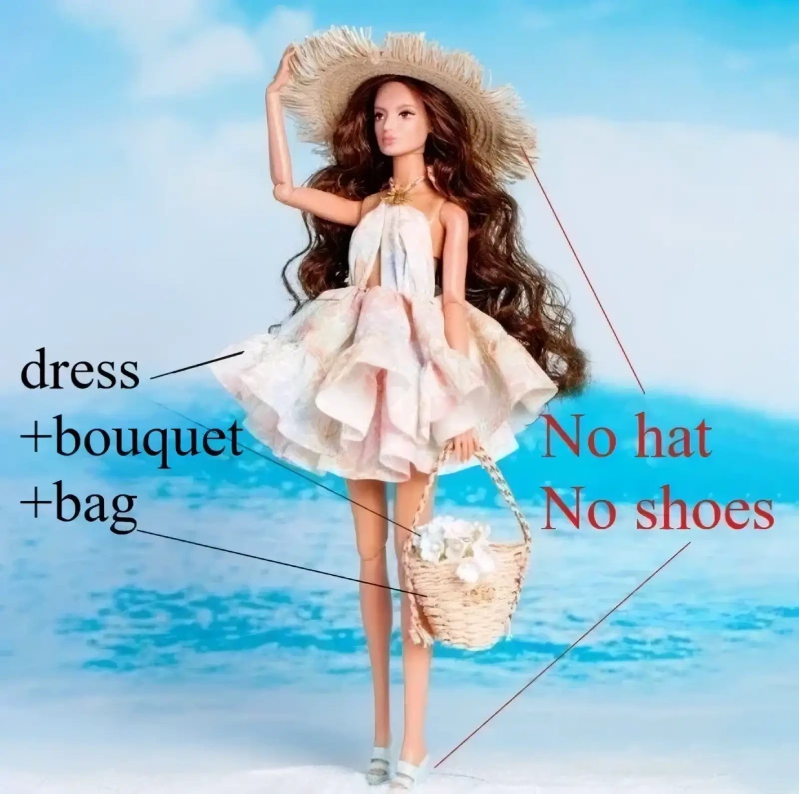 A 1/6 scale doll fashion dress featuring a light pink ruffled strapless design worn by a doll with long brown hair