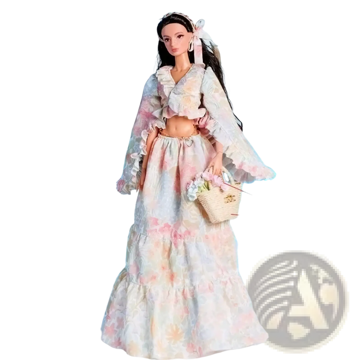 A 1/6 scale doll fashion clothes set featuring a pastel floral two-piece outfit with ruffled sleeves and woven basket