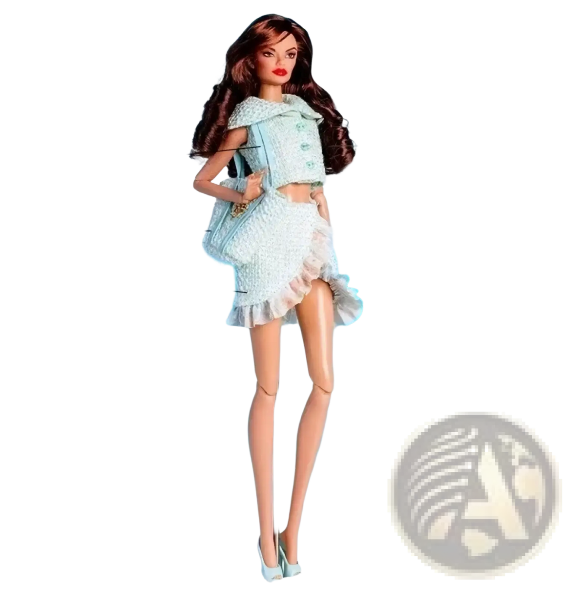 A 1/6 scale doll fashion clothes and accessories set featuring a barbie doll in a light blue textured two-piece outfit with ruffled skirt and matching bag