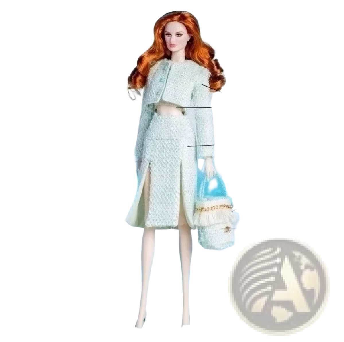 A red-haired 1/6 scale doll wearing a light blue textured two-piece outfit with matching skirt and bag