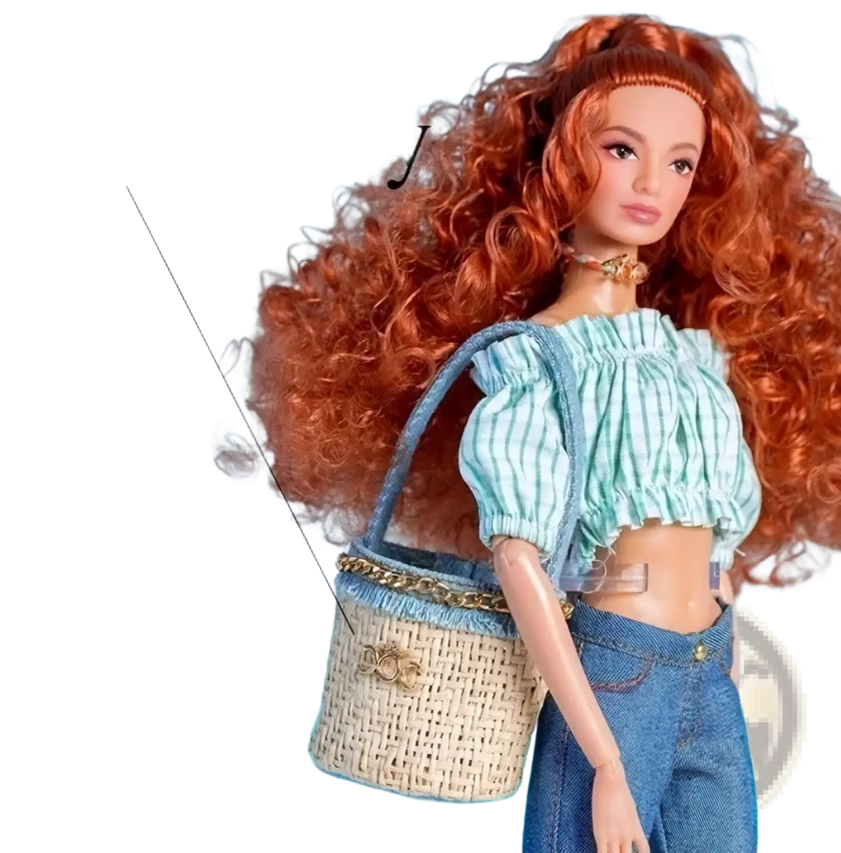 Woven beige straw bucket bag with blue and gold trim for 1/6 scale doll fashion clothes and accessories set