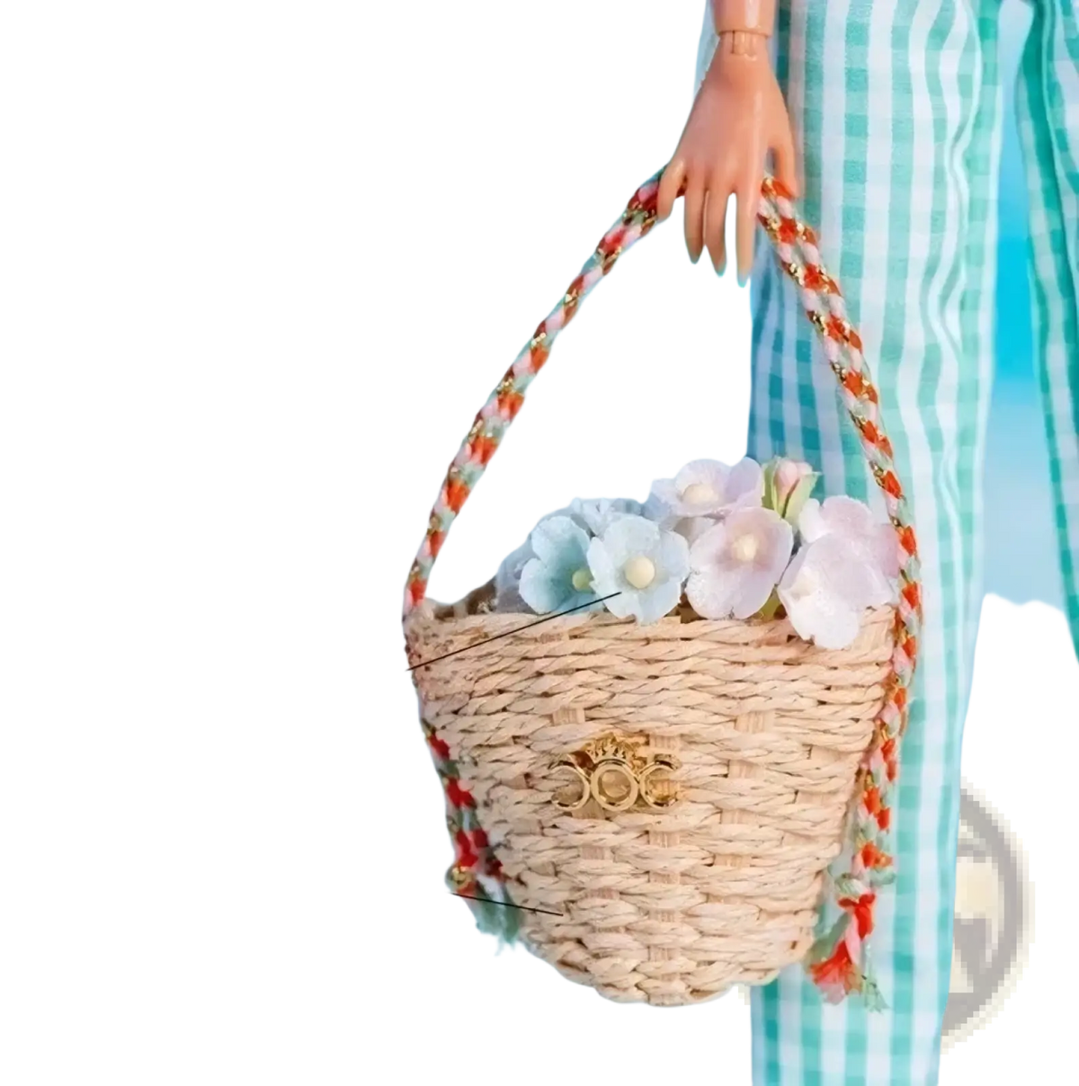 A woven beige flower basket with red and white braided handles and gold clasp for 1/6 scale doll fashion accessory
