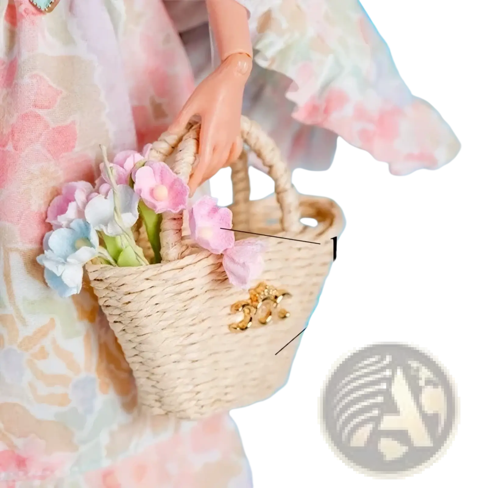 A woven beige straw bouquet bag with gold-tone hardware accents for 1/6 scale doll fashion accessories set