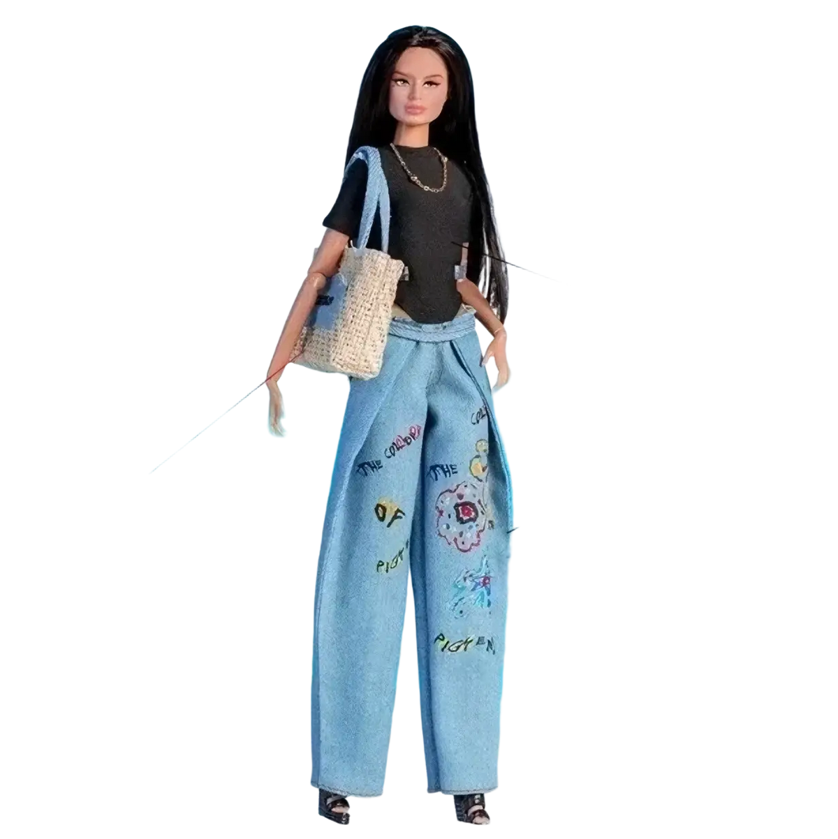 A 1/6 scale doll fashion clothes set featuring a barbie doll in a black top and light blue denim pants with colorful embroidery