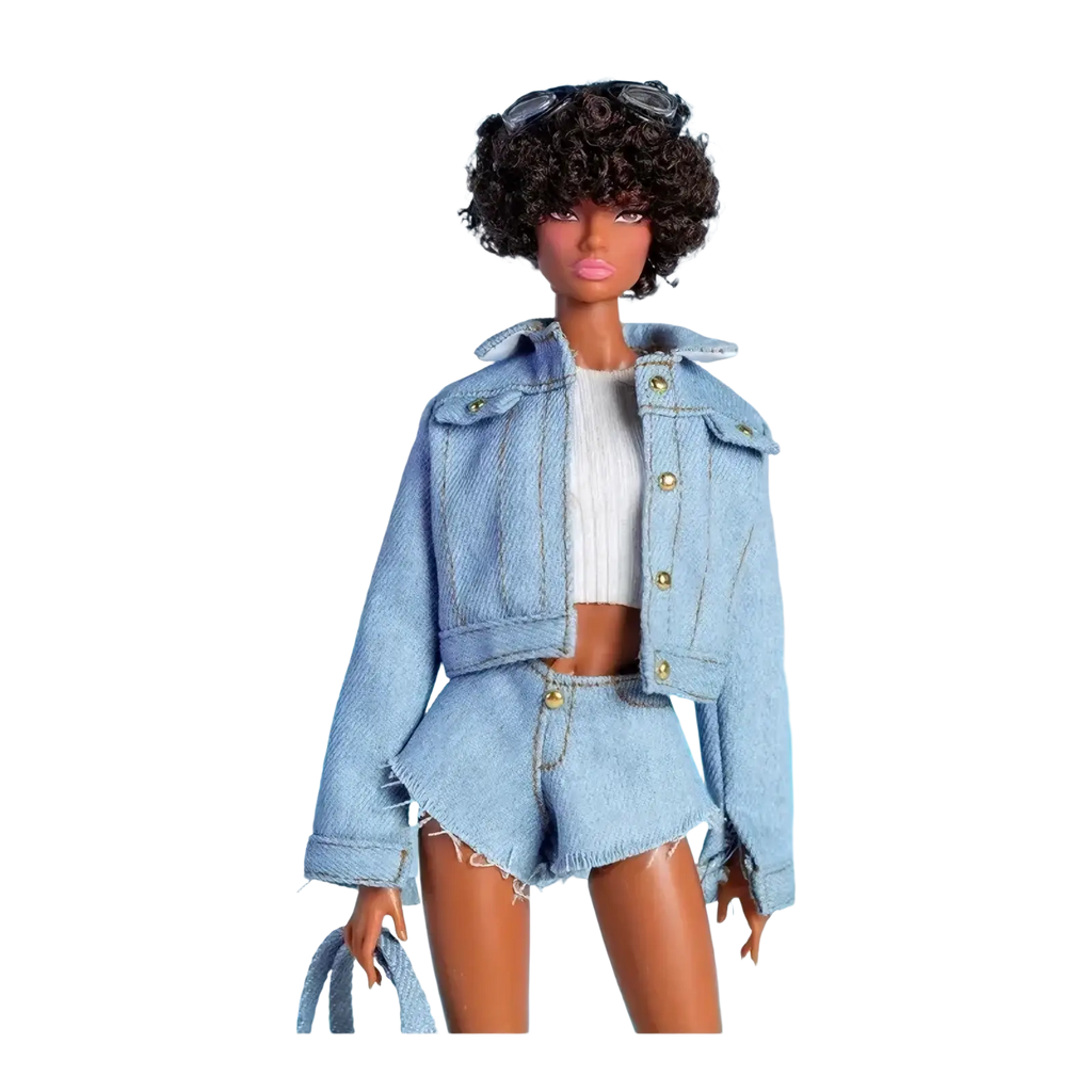 A 1/6 scale doll fashion set featuring a Barbie doll with curly dark hair, sunglasses, and light-wash denim outfit