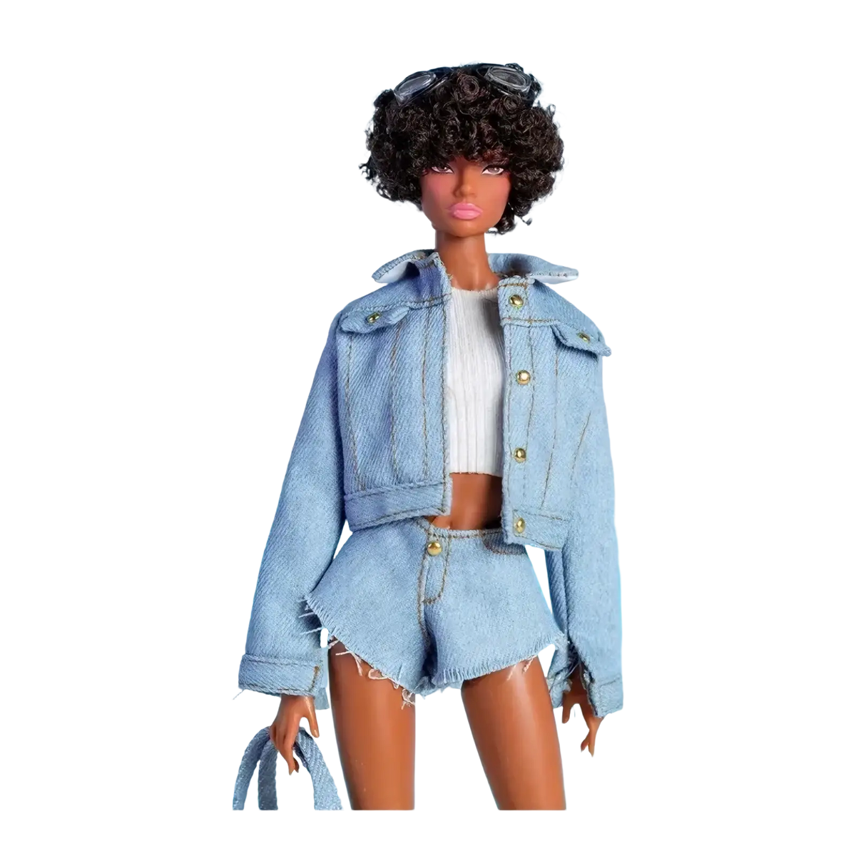 A 1/6 scale doll fashion set featuring a Barbie doll with curly dark hair, sunglasses, and light-wash denim outfit