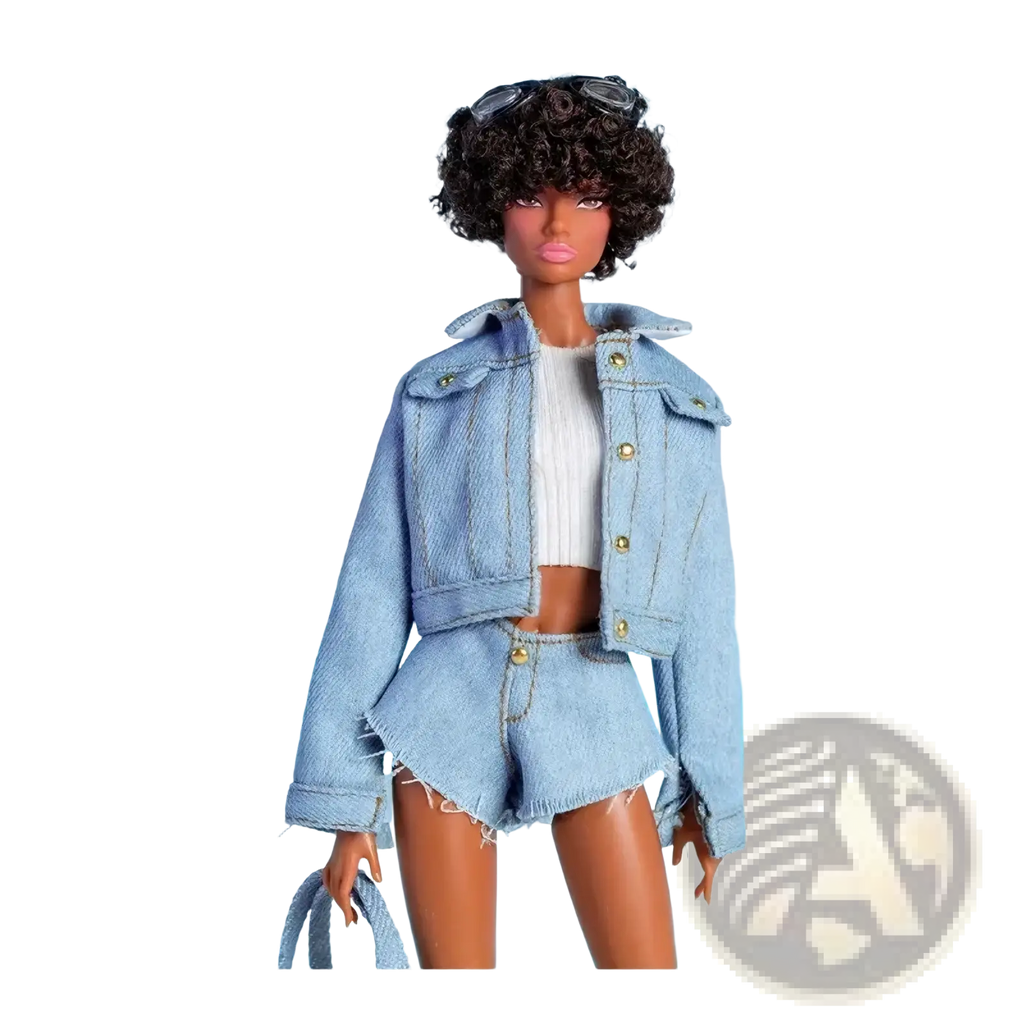 A 1/6 scale doll fashion set featuring a Barbie doll with curly dark hair, sunglasses, and light-wash denim outfit