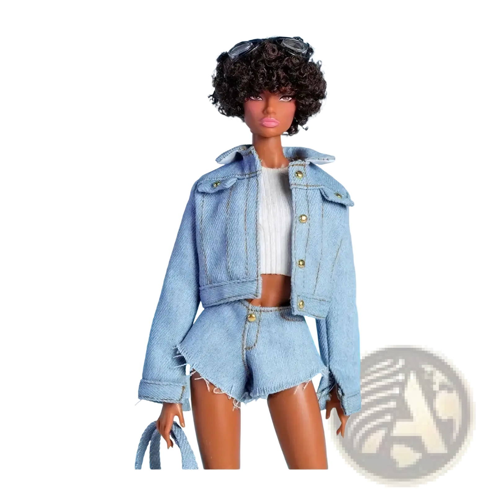 A 1/6 scale doll fashion set featuring a Barbie doll with curly dark hair, sunglasses, and light-wash denim outfit