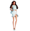 A 1/6 scale doll fashion clothes and accessories set featuring a barbie doll in a light blue textured two-piece outfit with ruffled skirt and matching bag