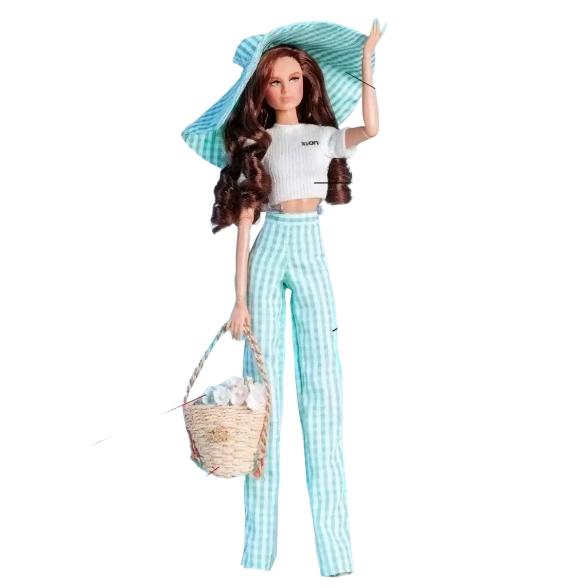 A 1/6 scale doll fashion set featuring a barbie doll in light blue and white striped woven basket accessories