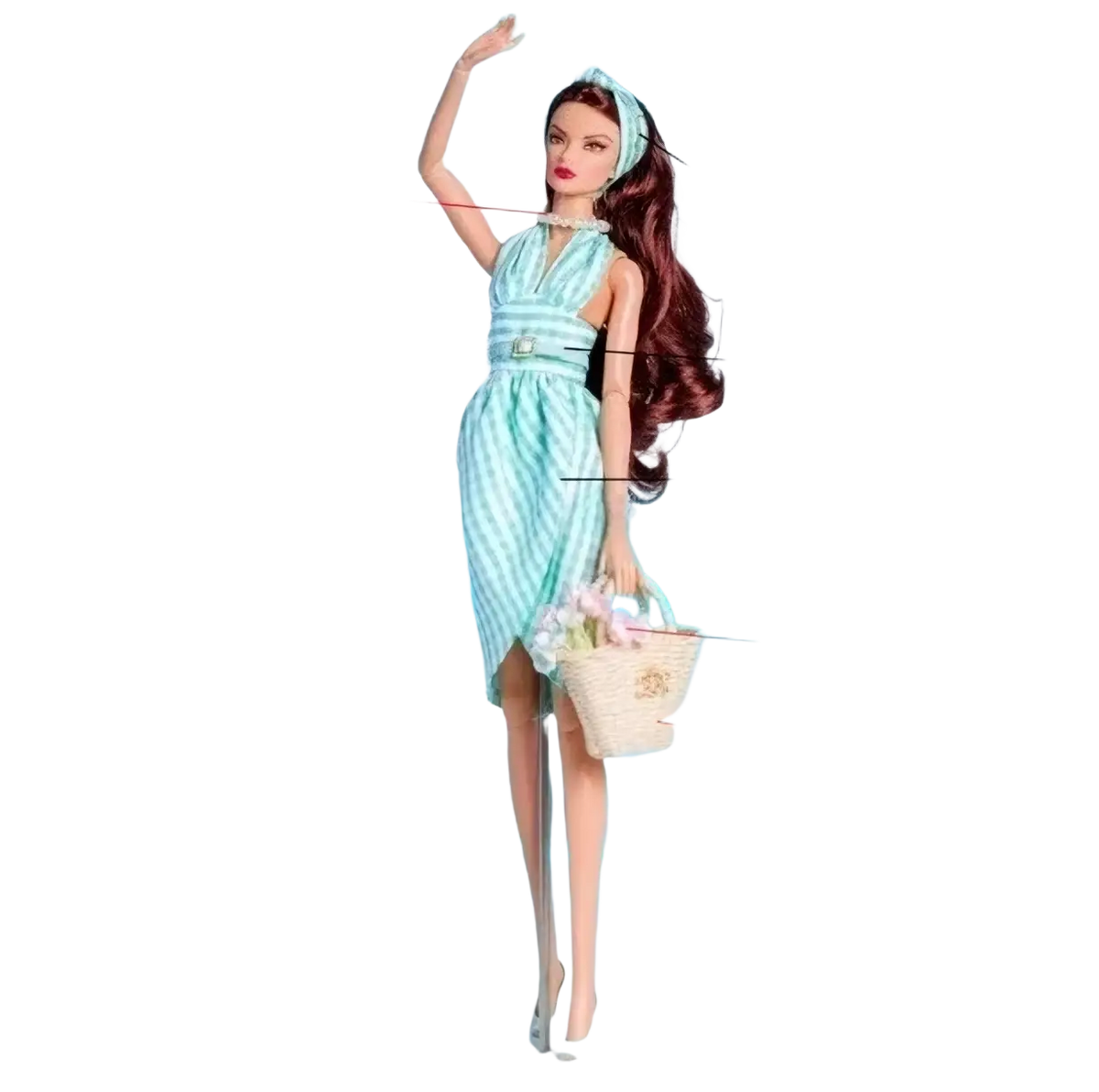 A 1/6 scale doll fashion clothes and accessories set featuring a barbie doll in a light blue and white striped dress with matching belt and hair band