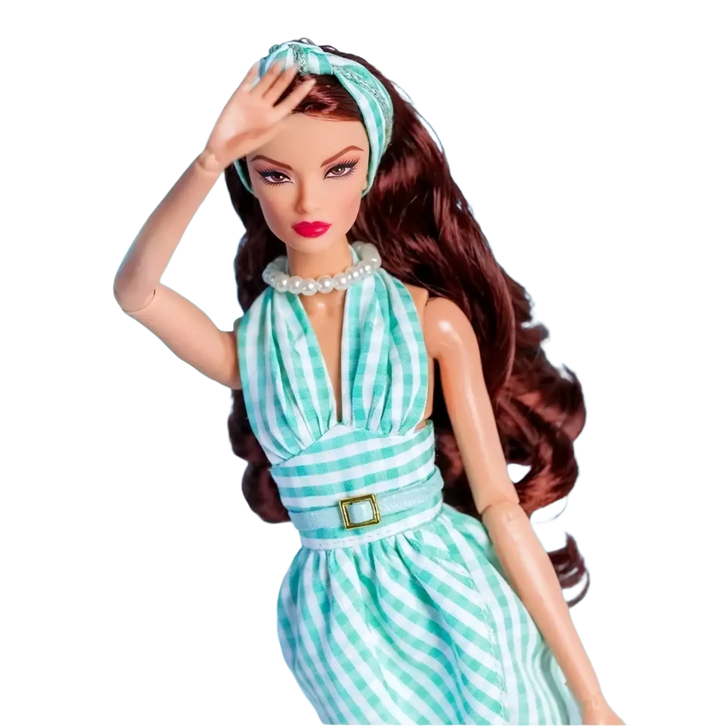 A 1/6 scale doll fashion clothes set featuring a barbie doll with brown hair in a mint green striped halter dress