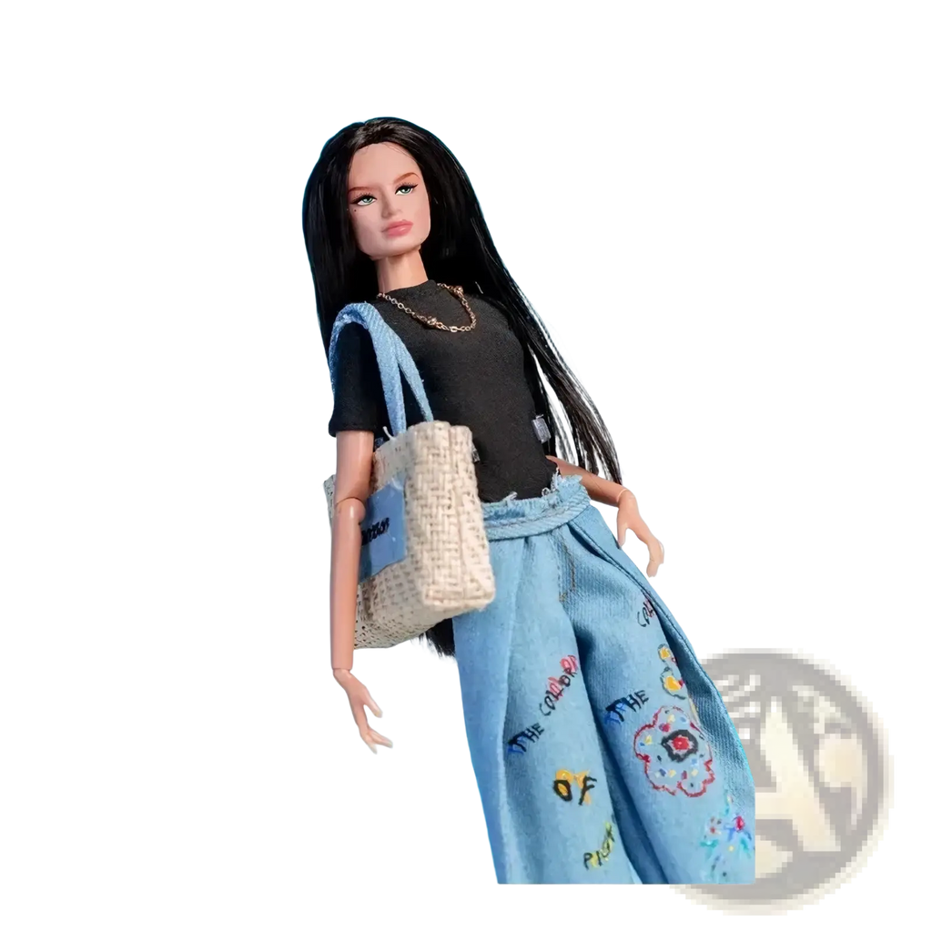 Barbie doll with long black hair wearing a black top and denim pants with colorful embroidered designs in 1/6 scale set