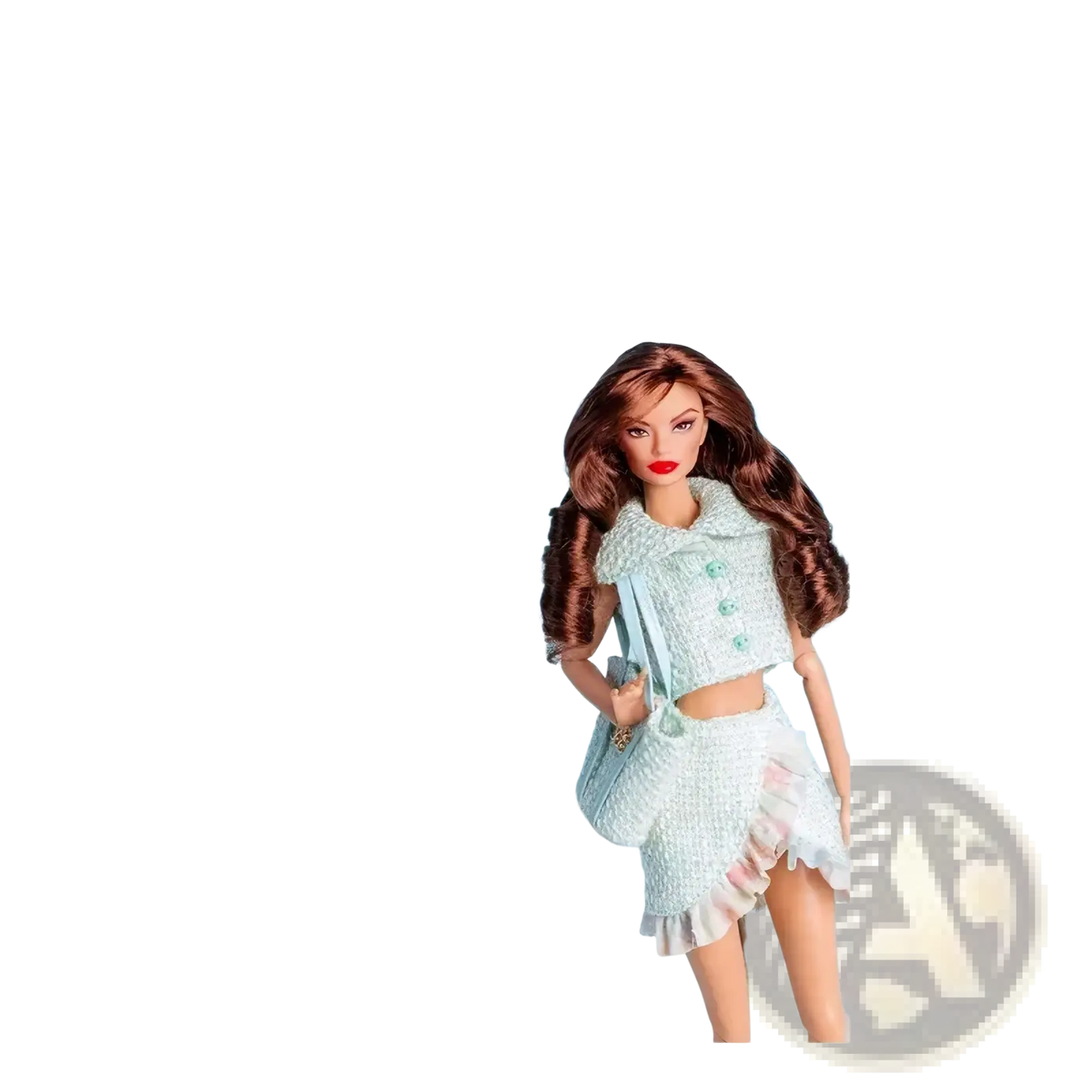 A barbie doll with long brown wavy hair wearing a light mint green tweed crop top and ruffled skirt from 1/6 scale doll fashion set