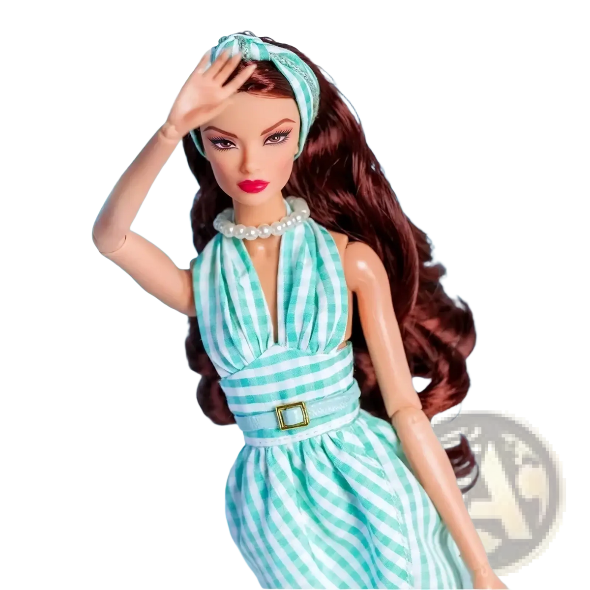 A 1/6 scale doll fashion clothes set featuring a barbie doll with brown hair in a mint green striped halter dress