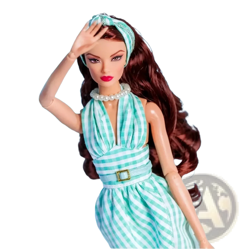 A 1/6 scale doll fashion clothes set featuring a barbie doll with brown hair in a mint green striped halter dress
