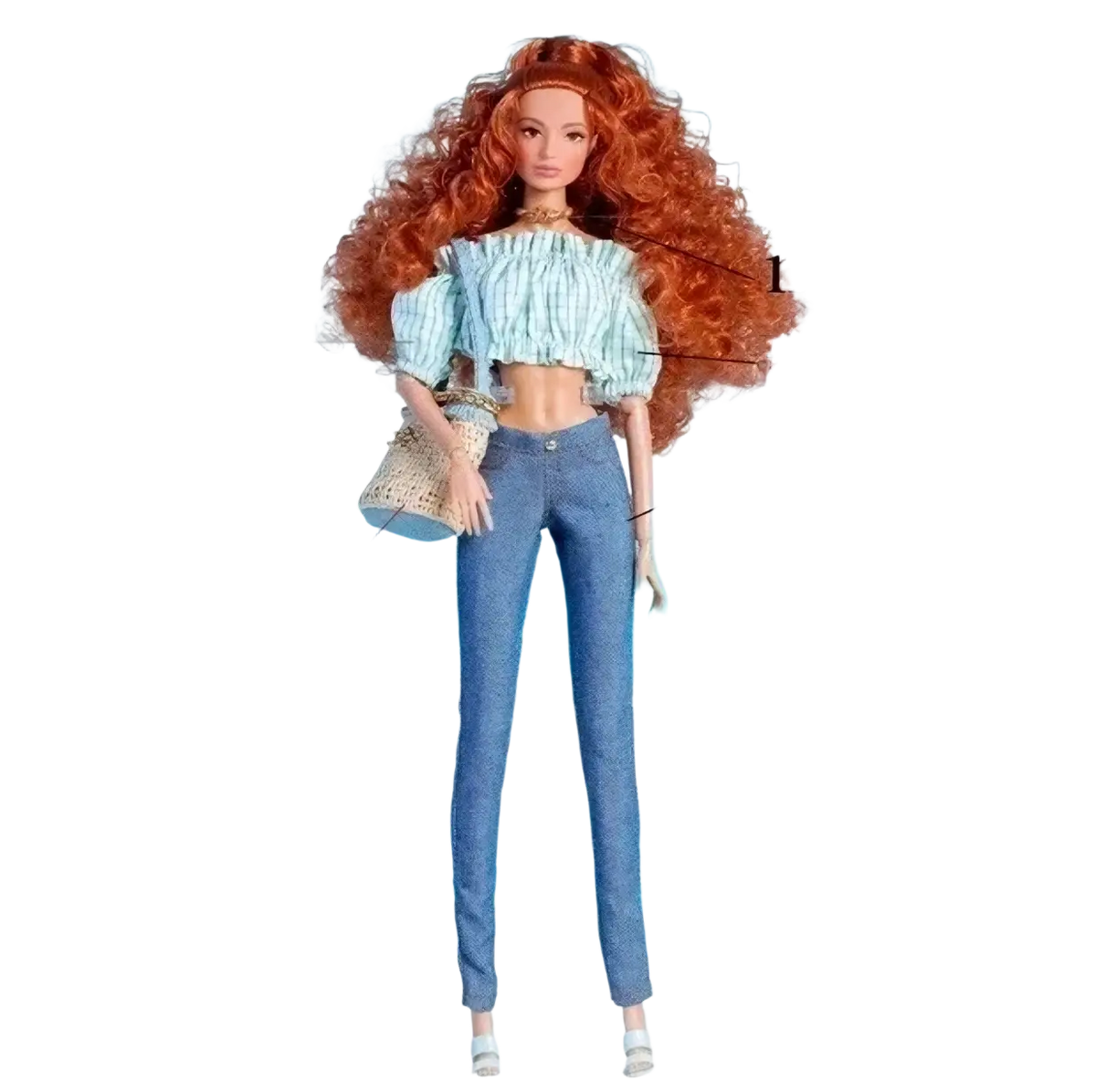 A 1/6 scale doll fashion clothes set featuring a barbie doll with curly auburn hair wearing a blue and white striped cropped top and denim pants