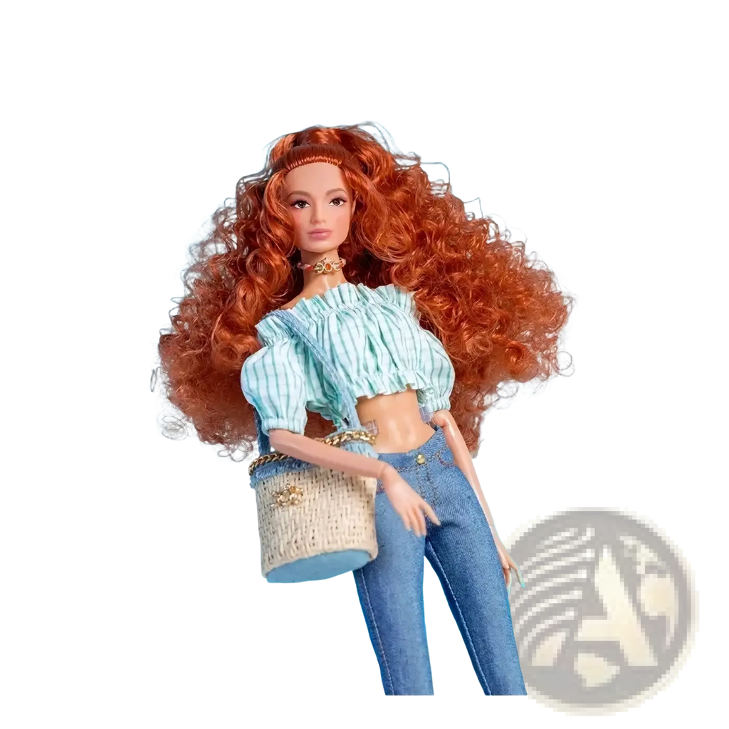 A 1/6 scale doll fashion clothes set with a barbie doll wearing a light blue white striped off-shoulder top and denim jeans