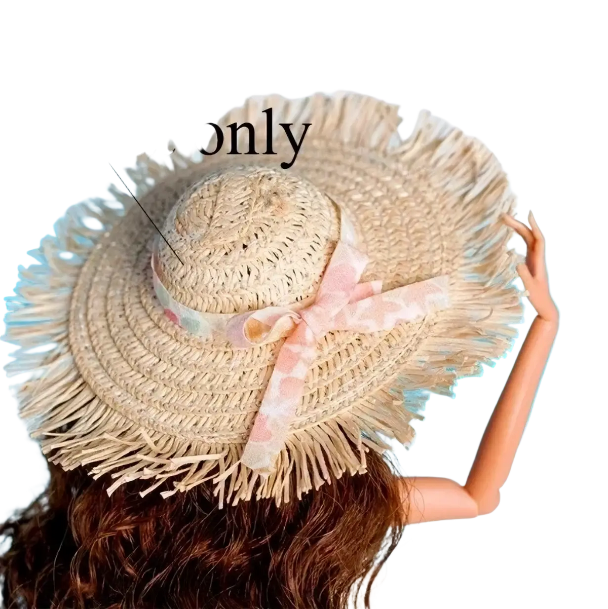 Beige straw hat with fringed brim and pink patterned ribbon bow for 1/6 scale doll fashion clothes set