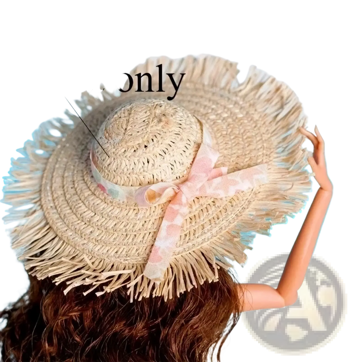 Beige straw hat with fringed brim and pink patterned ribbon bow for 1/6 scale doll fashion clothes set