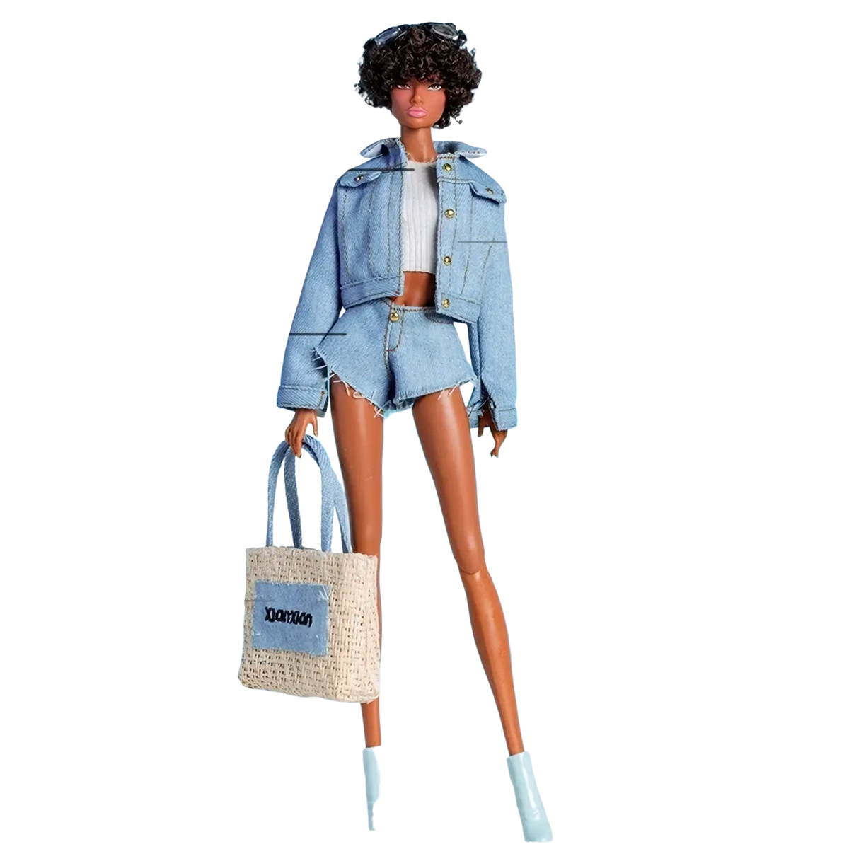 Light blue denim jacket with gold-tone buttons and frayed hem for 1/6 scale doll fashion clothes and accessories set