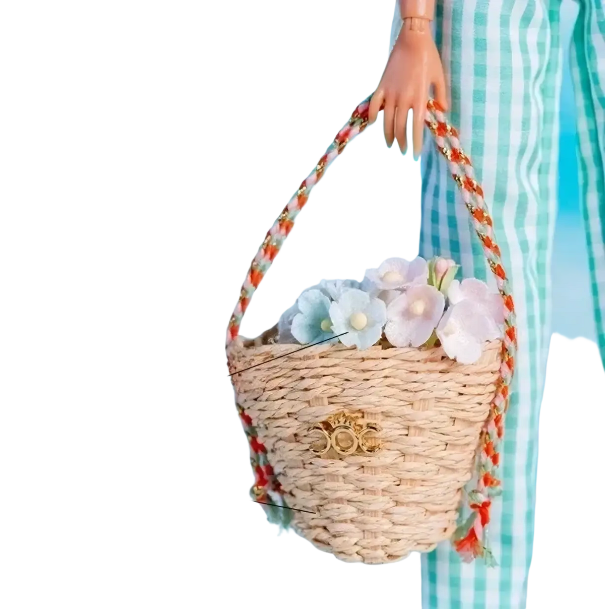 A woven beige flower basket with red and white braided handles and gold clasp for 1/6 scale doll fashion accessory