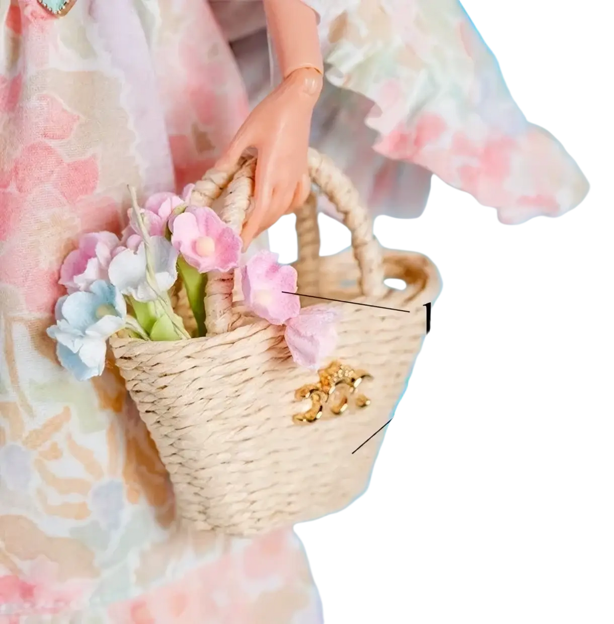A woven beige straw bouquet bag with gold-tone hardware accents for 1/6 scale doll fashion accessories set