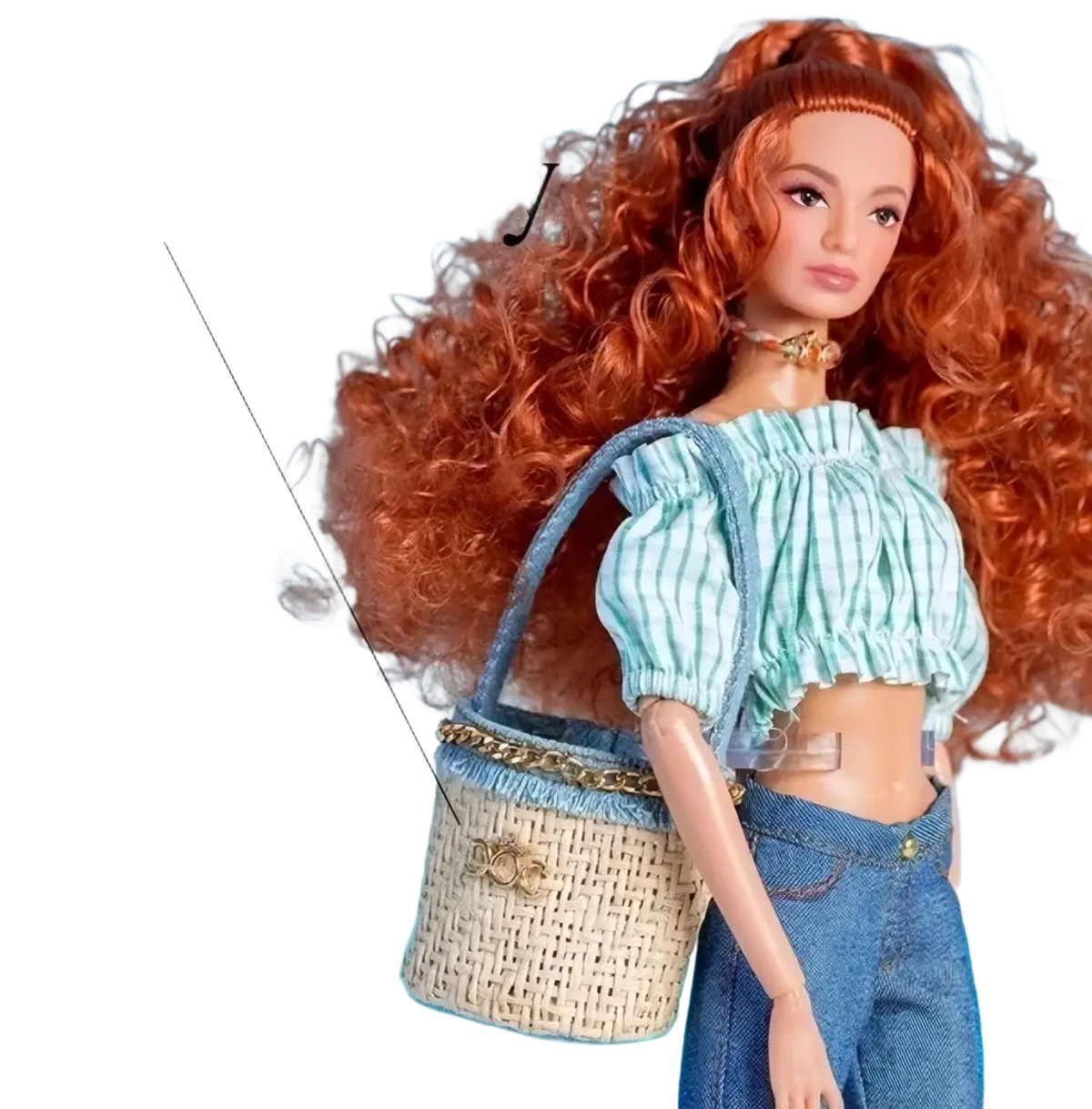 Woven beige straw bucket bag with blue and gold trim for 1/6 scale doll fashion clothes and accessories set