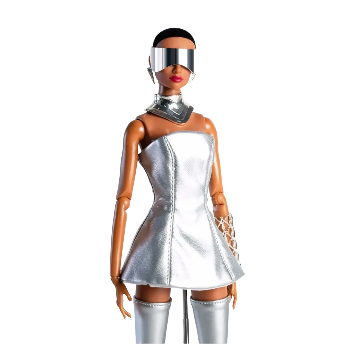 A 1/6 scale futuristic doll wearing a sleek silver metallic dress with matching boots and visor accessories