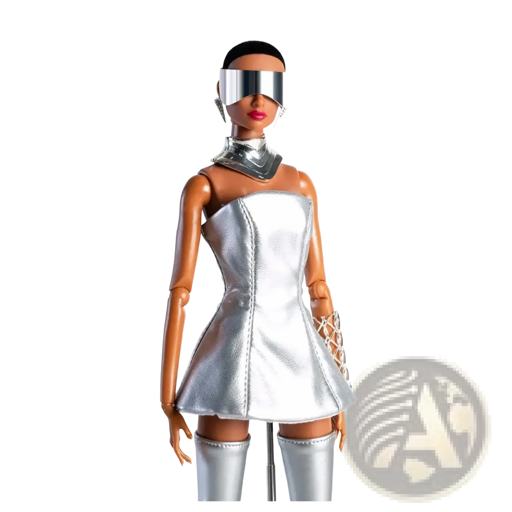 A 1/6 scale futuristic doll wearing a sleek silver metallic dress with matching boots and visor accessories