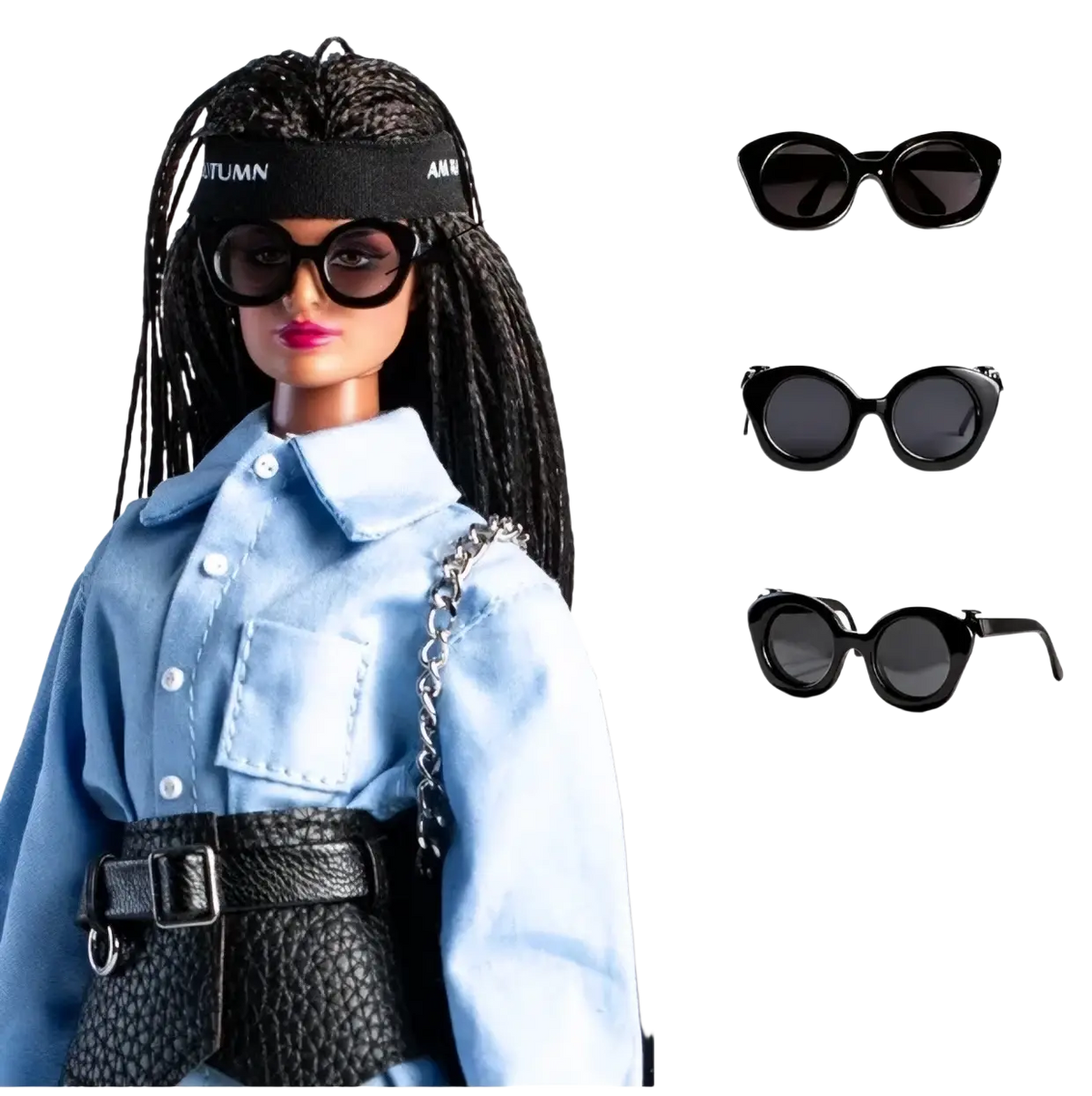 Black framed sunglasses with dark lenses designed for 1/6 scale futuristic doll clothing and accessories