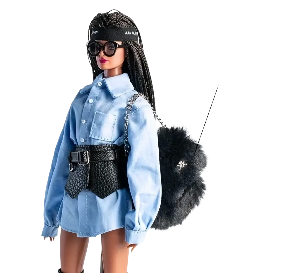 Black fuzzy handbag with chain strap designed as a 1/6 scale futuristic doll clothing accessory