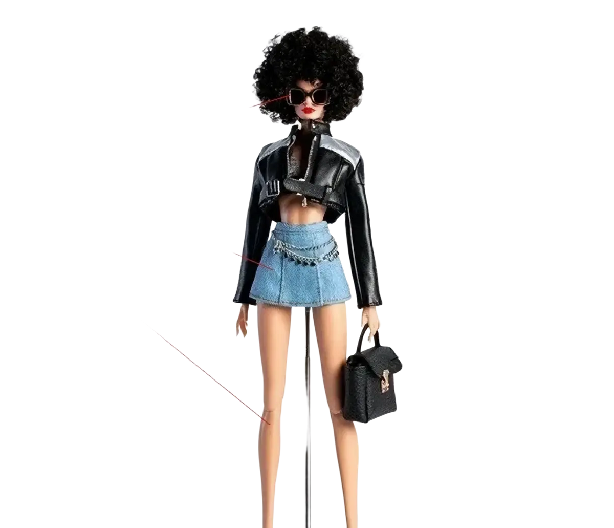 Black leather 1/6 scale futuristic doll coat with silver trim and matching handbag for collectible accessories
