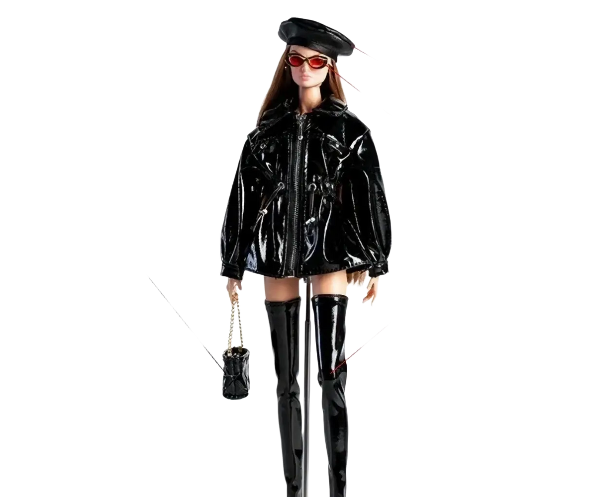 Black patent leather coat with zipper front and matching black bag for 1/6 scale futuristic doll clothing and accessories