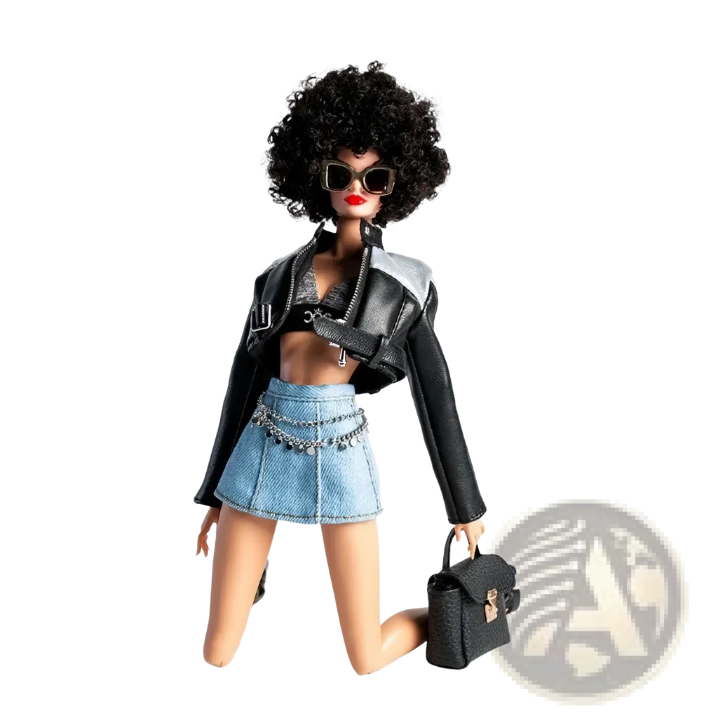 Black textured handbag with gold-tone clasp and handle for 1/6 scale futuristic doll clothing and accessories