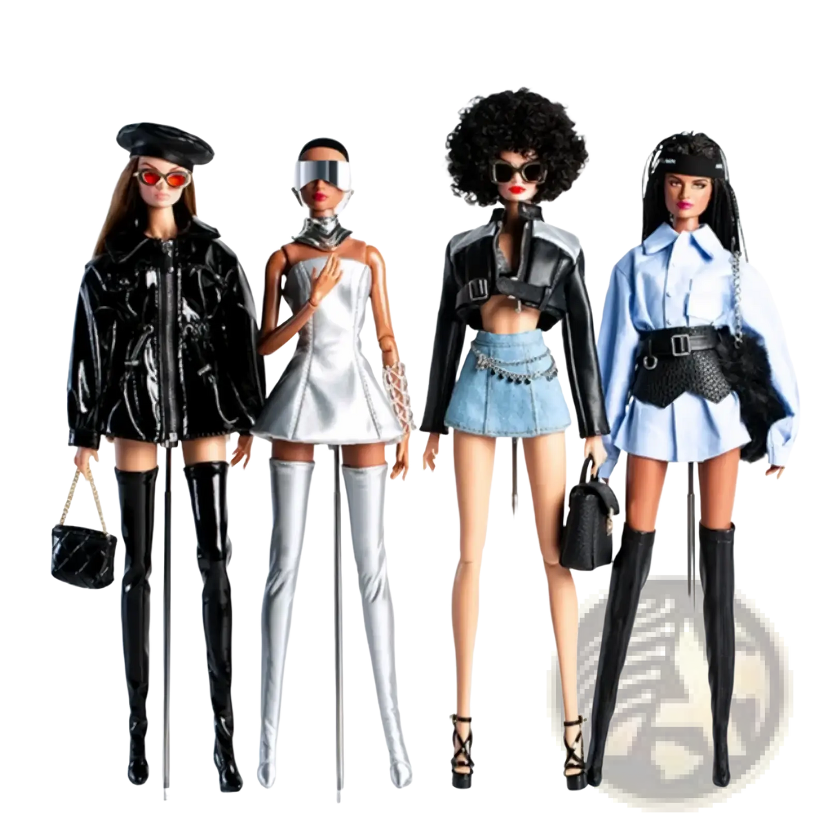 Four 1/6 scale futuristic dolls in stylish outfits with distinct accessories and footwear for collectible display
