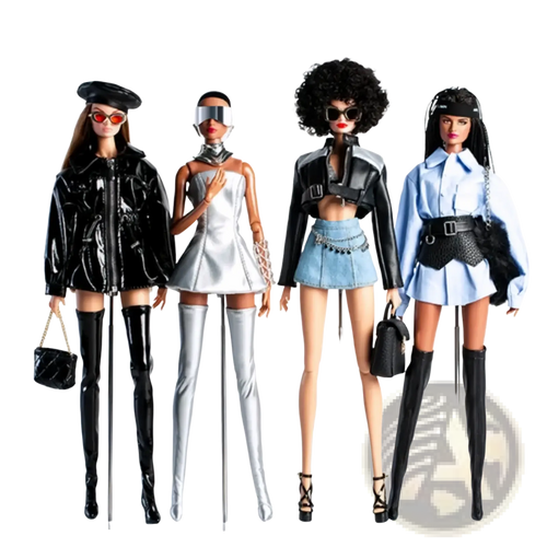 Four 1/6 scale futuristic dolls in stylish outfits with distinct accessories and footwear for collectible display