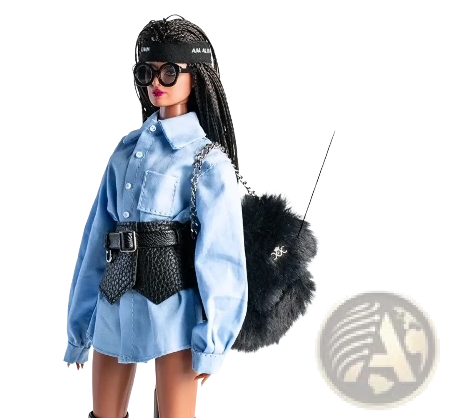 Black fuzzy handbag with chain strap designed as a 1/6 scale futuristic doll clothing accessory