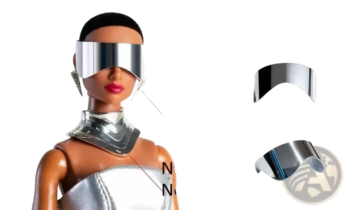 Silver metallic visor sunglasses with a sleek curved design for 1/6 scale futuristic doll clothing and accessories