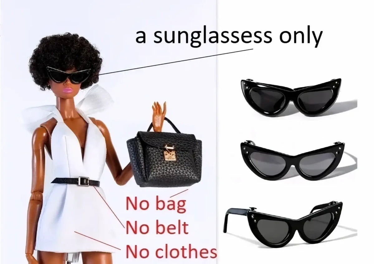 Black cat-eye sunglasses with dark lenses and a glossy finish for 1/6 scale futuristic doll accessories