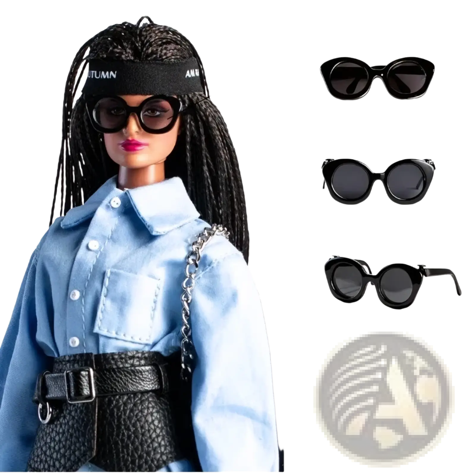 Black framed sunglasses with dark lenses designed for 1/6 scale futuristic doll clothing and accessories