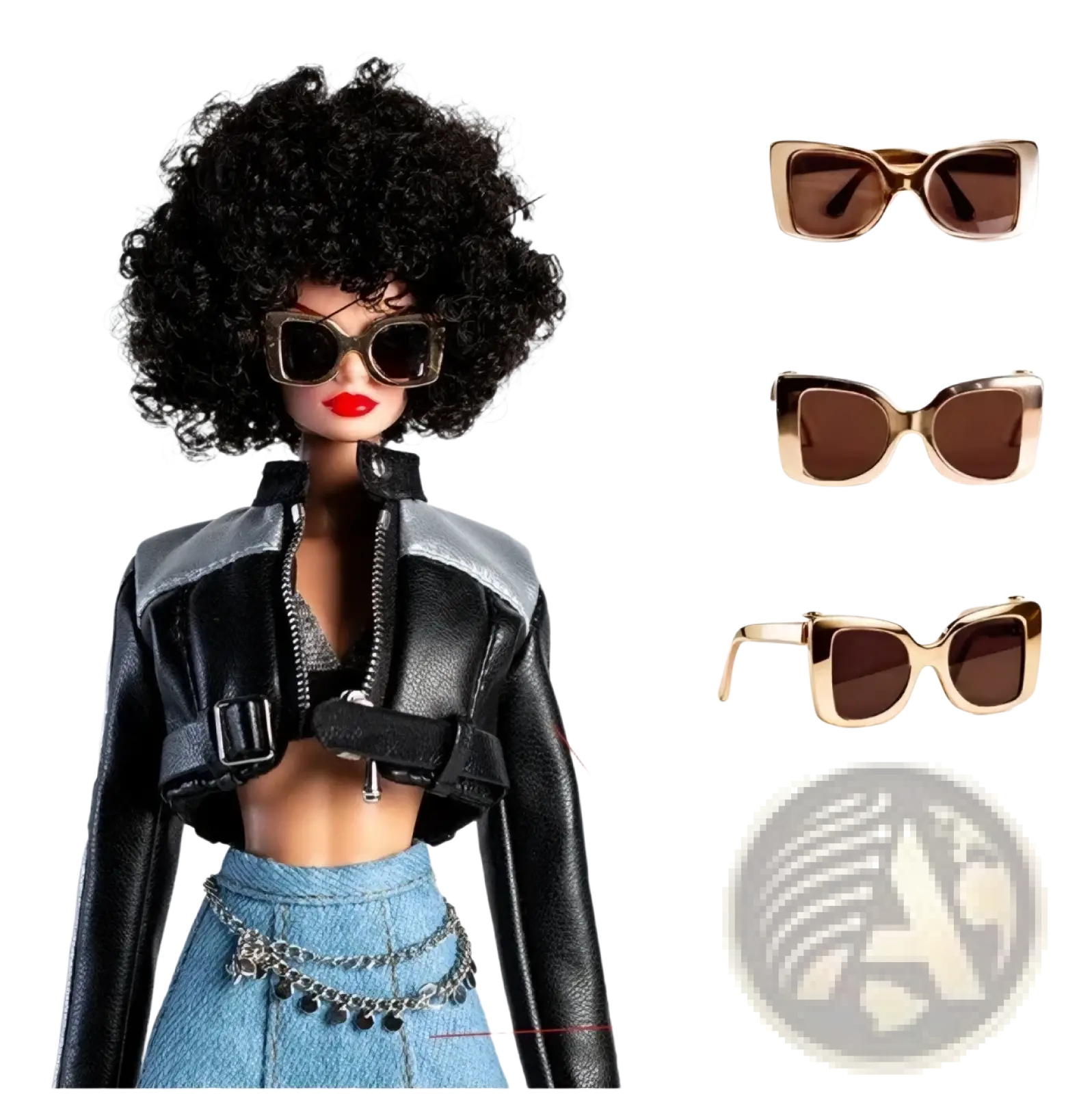 A pair of gold-toned metal cat-eye sunglasses with dark brown lenses for 1/6 scale futuristic doll accessories