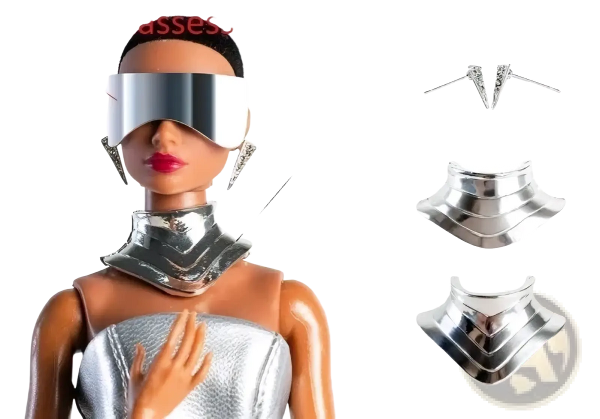 Silver metallic futuristic neckpiece with angular layered design and reflective surface for 1/6 scale doll clothing and accessories