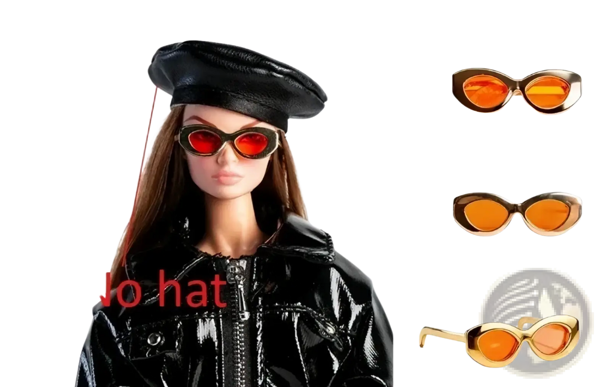 The 1/6 scale futuristic doll sunglasses feature bold cat-eye frames with a glossy gold finish and vibrant orange lenses