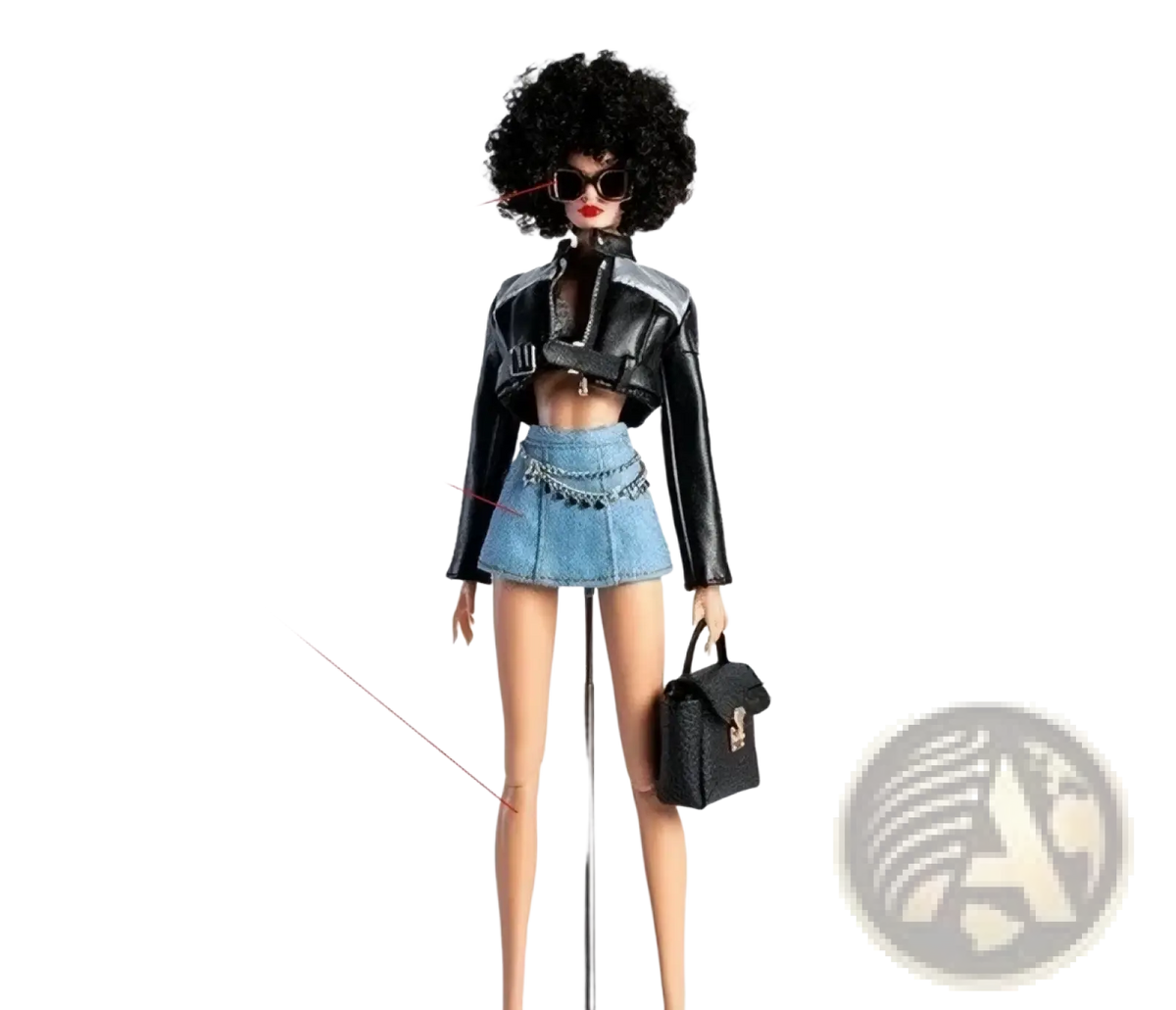 Black leather 1/6 scale futuristic doll coat with silver trim and matching handbag for collectible accessories