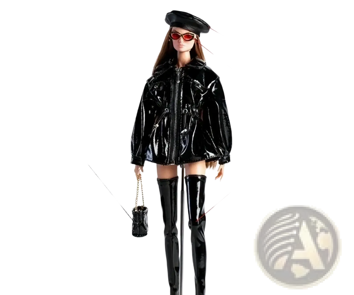 Black patent leather coat with zipper front and matching black bag for 1/6 scale futuristic doll clothing and accessories
