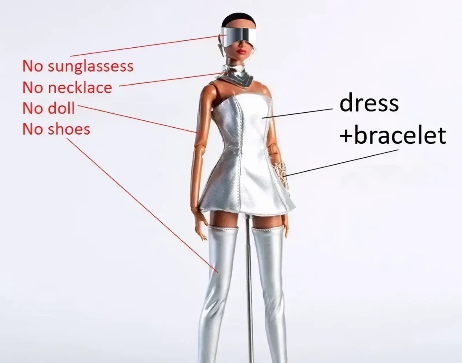 Silver metallic 1/6 scale futuristic doll dress with matching bracelet and thigh-high boots for collectible dolls