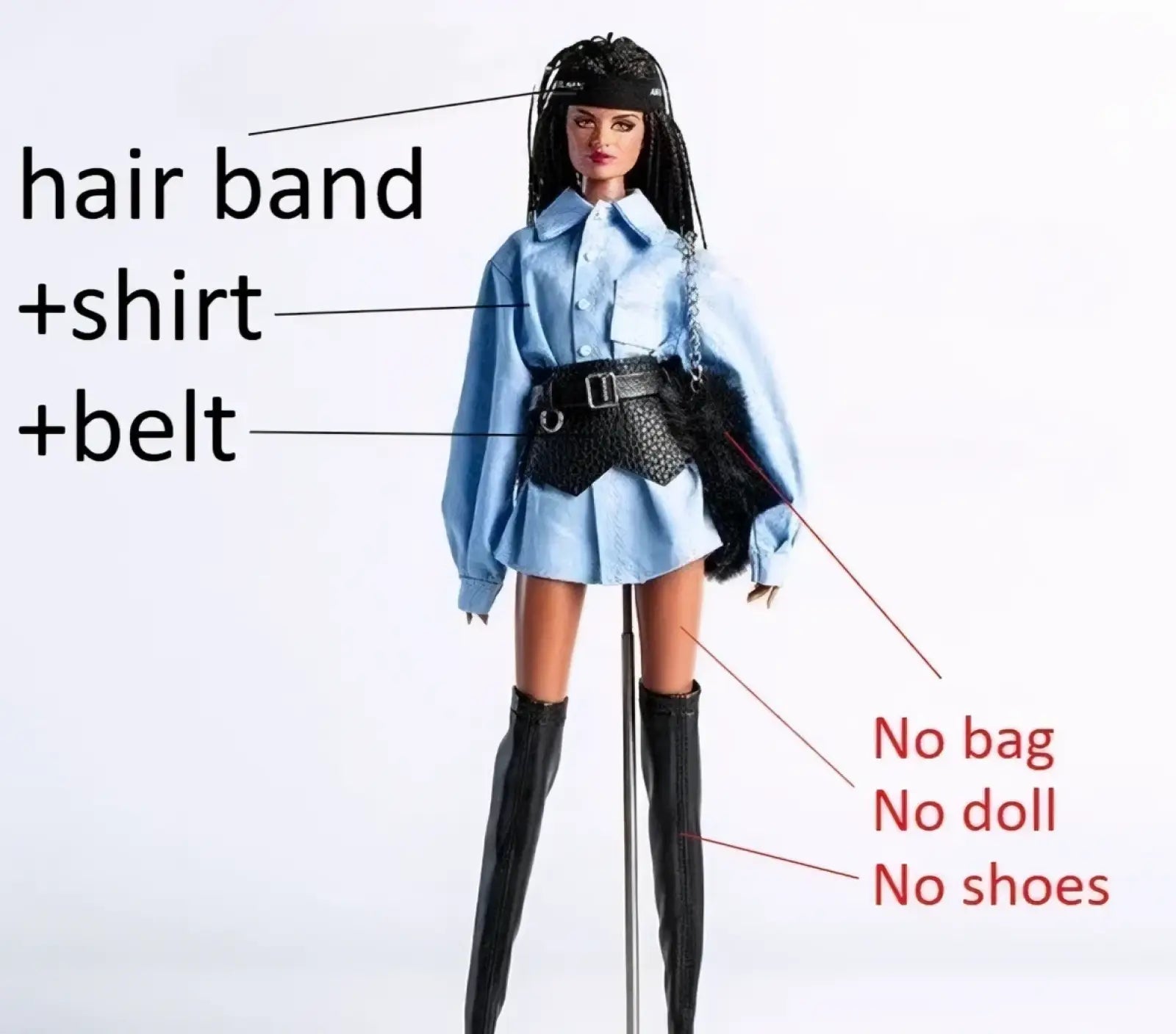Light blue long sleeve button-up shirt with collar and black belt paired with short skirt in 1/6 scale futuristic doll clothing